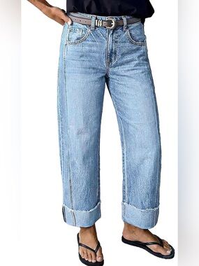 Flamingals Mid Rise Straight Leg Jeans for Women Wash Seam Front Roll Raw Hem